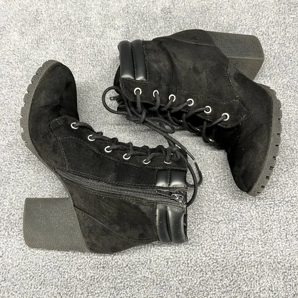 Sugar Boots Women 6 M Black Lacy Suede Heeled Zipper Lace‎ Up